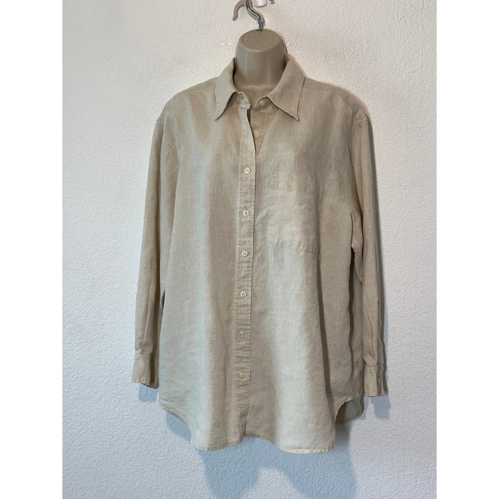 Jones New York Sport Womens 2X Linen Button Upโ Shirt Oatmeal Beige Long Sleeve
